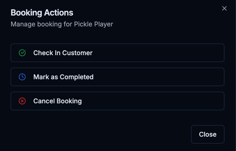 Booking actions menu