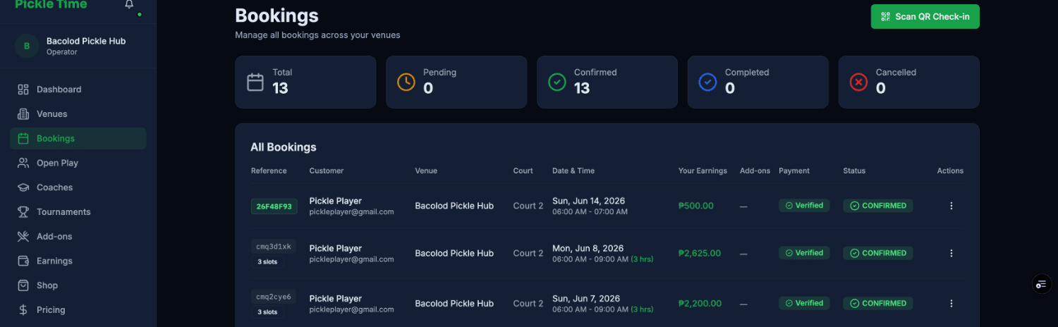 Operator bookings list with check-in