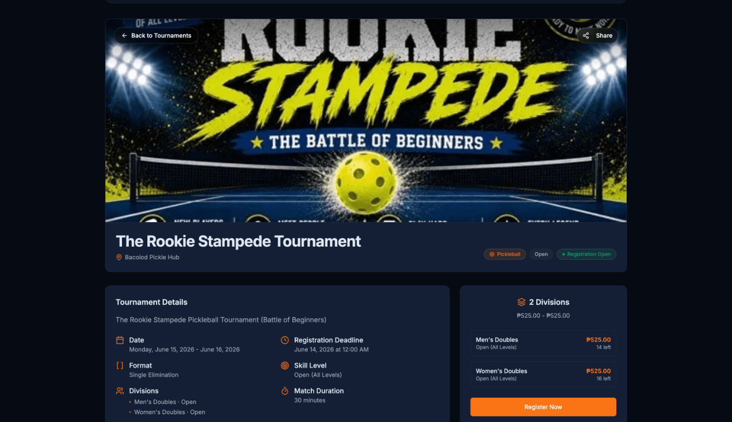 Tournament detail page