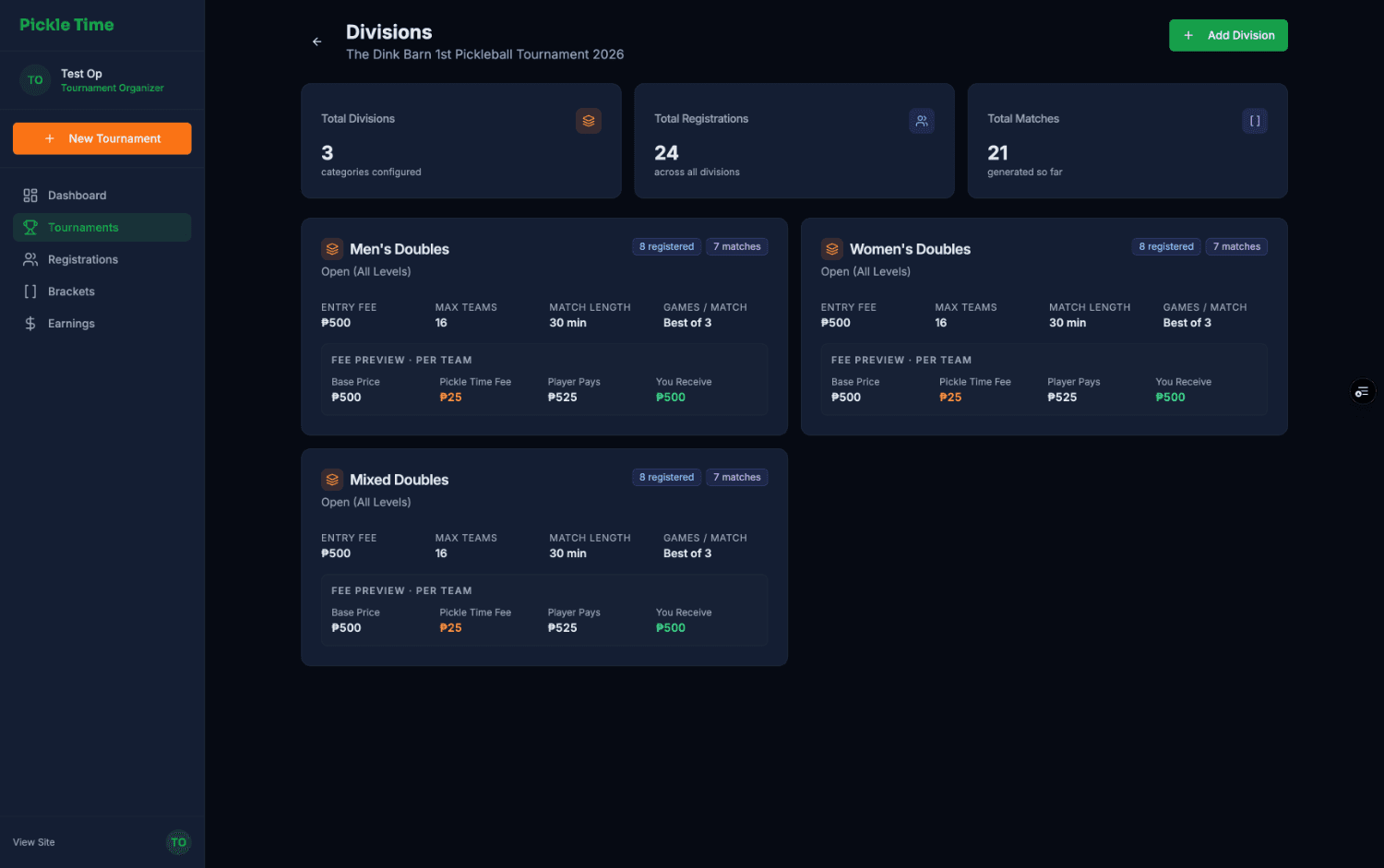 Divisions screen